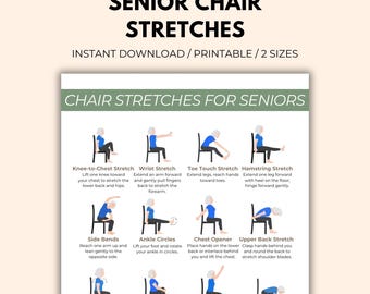 Estiramientos en silla para personas mayores (imprimibles) / Guía de ejercicios de estiramiento suave / Póster de movilidad en silla / Tabla de estiramientos de cuerpo completo