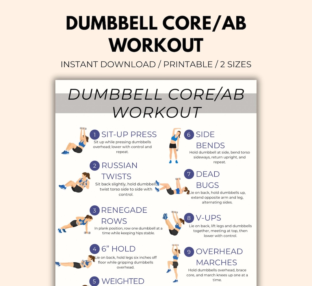 Dumbbell Core & Abs Workout Poster, Printable Fitness Guide, Home Gym ...