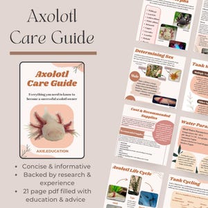 May include: A digital Axolotl Care Guide with the title "Axolotl Care Guide" and the text "Everything you need to know to become a successful axolotl owner." The guide includes information on axolotl care, determining sex, and recommended supplies.