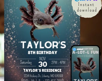 Axolotl Birthday Invitation - Editable Canva Template