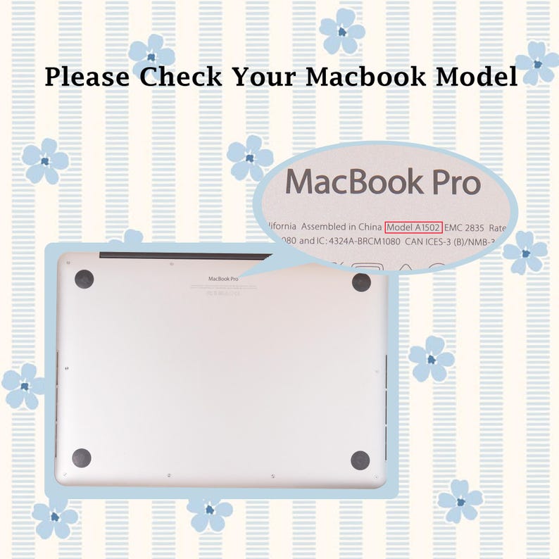 May include: A silver MacBook Pro laptop shown from the bottom view, featuring four black circular rubber feet. A callout bubble highlights the text 'MacBook Pro' and 'Model A1502'. The image includes the text 'Please Check Your Macbook Model'.