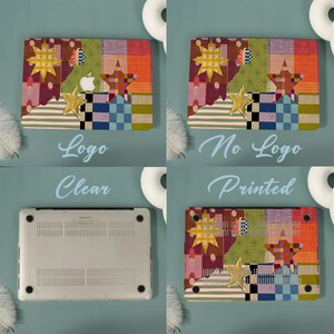 May include: A laptop hard shell case featuring a multi-colored patchwork design with various star shapes, stripes, and checkered patterns. The case is shown in four variations: with an Apple logo cutout, without a logo, clear, and printed.