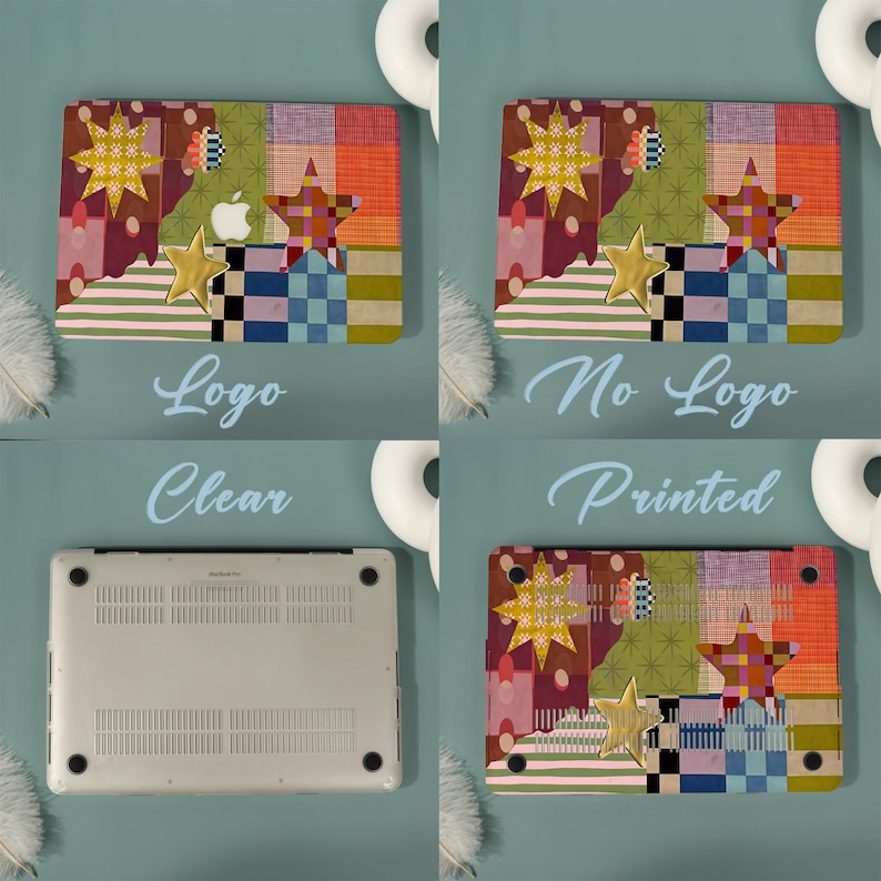 May include: A laptop hard shell case featuring a multi-colored patchwork design with various star shapes, stripes, and checkered patterns. The case is shown in four variations: with an Apple logo cutout, without a logo, clear, and printed.