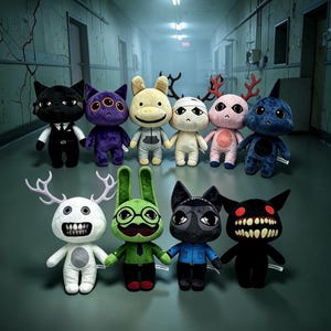 May include: A collection of ten plush toys featuring various creatures, including a black cat in a suit, a purple three-eyed cat, a beige rabbit, a white creature with antlers, a pink deer, a blue monster, a white antlered beast, a green rabbit, a black cat in a blue uniform, and a black monster with red eyes.