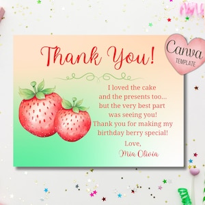 Carte postale modifiable de remerciement aux fraises, fête personnalisée, téléchargement numérique personnalisé, modèle de toile, carte de cadeau d'anniversaire 5,5 x 4,25