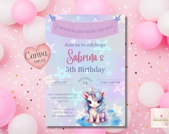 Editable Unicorn Party Invitation, Custom Party Invite, Digital Download, Canva Template, Kids Invite, Birthday Invitation 5X7