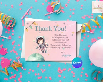 Editable Astronaut Girl Thank You Postcard, Personalized Party, Custom Digital Download, Canva Template, 5.5X4.25 Birthday Favors Card