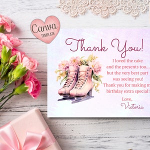Cartão postal editável de agradecimento de patinação no gelo, festa personalizada, download digital personalizado, modelo Canva, cartão de aniversário 5,5X4,25