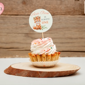 Editable Little Fox Favor Tag, Cupcake Topper, Party Label Personalized Party, Custom Digital, Canva Template, 2 inches
