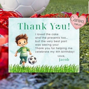 Bearbeitbare Fußballjunge Dankeskarte, personalisierte Party, benutzerdefinierter digitaler Download, Canva-Vorlage, 5.5X4.25 Geburtstagskarte