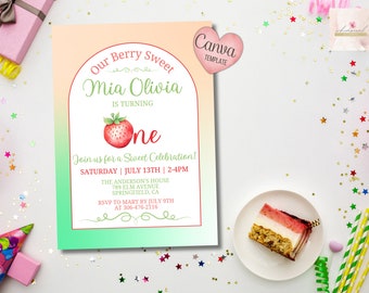 Editable Strawberry Party Invitation, Custom Party Invite, Custom Digital Download, Canva Template, Kids Invite, Birthday Invitation 5X7