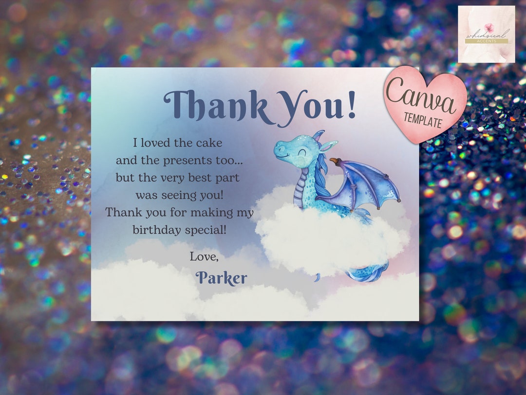 Editable Dragon Thank You Postcard, Personalized Party, Custom Digital ...