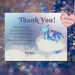 Cartão postal de agradecimento de dragão editável, festa personalizada, download digital personalizado, modelo Canva, cartão de aniversário 5,5X4,25