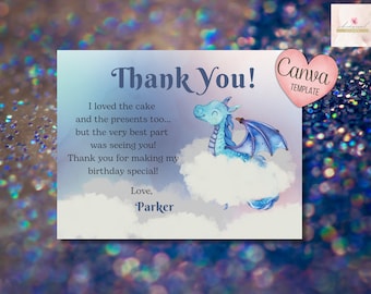 Editable Dragon Thank You Postcard, Personalized Party, Custom Digital Download, Canva Template, 5.5X4.25 Birthday Favor Card