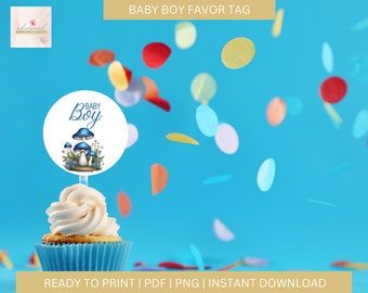 Printable Baby Boy Favor Tag, Favors Tag, PDF, PNG, Instant Download, Party Favor Tag, Mushroom Favor Tag, Baby Shower, Cupcake Topper