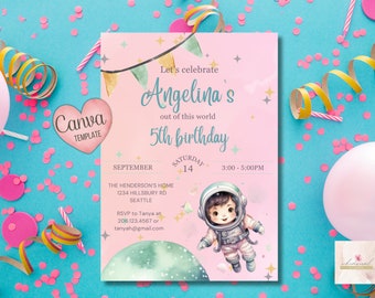 Editable Astronaut Girl Party Invitation, Custom Party Invite, Digital Download, Canva Template, Kids Invite, Birthday Invitation 5X7