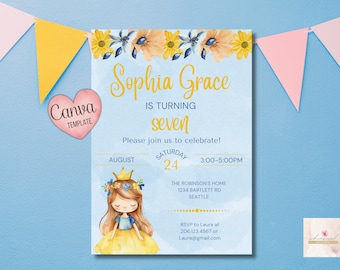 Editable Little Girl Party Invitation, Custom Party Invite, Custom Digital Download, Canva Template, Kids Invite, Birthday Invitation 5X7,