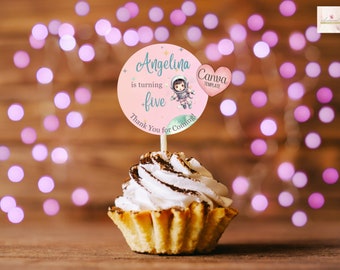 Editable Girl Astronaut Favor Tag, Cupcake Topper, Party Label, Personalized Party, Custom Digital, Canva Template, 2 inch topper