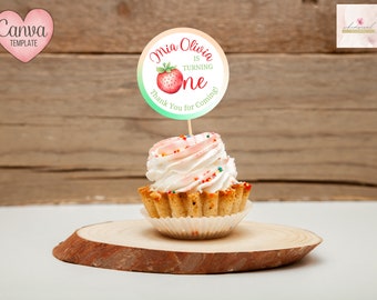 Editable Strawberry Favor Tag, Cupcake Topper, Party Label Personalized Party, Custom Digital, Canva Template, 2 inches