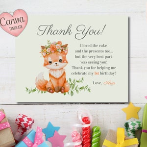 Carte postale modifiable de remerciement Little Fox, fête personnalisée, téléchargement numérique personnalisé, modèle de toile, 5,5 x 4,25, carte de cadeau d'anniversaire