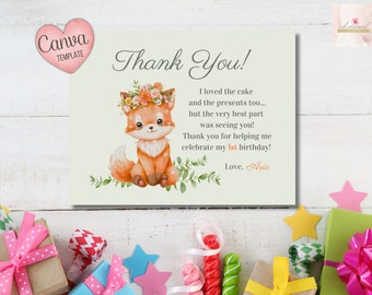 Editable Little Fox Thank You Postcard, Personalized Party, Custom Digital Download, Canva Template, 5.5X4.25, Birthday Favor Card