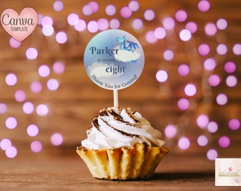 Editable Dragon Favor Tag, Cupcake Topper, Party Label Personalized Party, Custom Digital, Canva Template, 2 inches