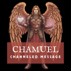 Puede incluir: Ilustración digital de un ángel con alas doradas, que lleva una armadura ornamentada y sostiene un corazón blanco. La imagen presenta el texto "CHAMUEL CHANNELED MESSAGE" en una pancarta roja sobre un fondo negro.