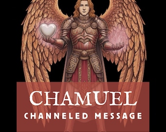Könnte beinhalten: Digitale Illustration eines Engels mit goldenen Flügeln, der eine verzierte Rüstung trägt und ein weißes Herz hält. Das Bild zeigt den Text "CHAMUEL CHANNELED MESSAGE" in einem roten Banner vor schwarzem Hintergrund.