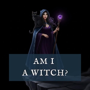 以下が含まれることがあります： 紫色のドレスと青いマントを着た女性のイラスト。肩には黒猫がいます。彼女は輝く紫色のオーブが付いた杖を持っています。「AM I A WITCH?」というテキストが濃い青色の長方形に表示されています。