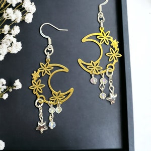 Crescent Floral Moon Earrings with Stars