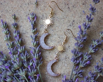 Charming Gemstone Crescent Moon/Sun Earrings