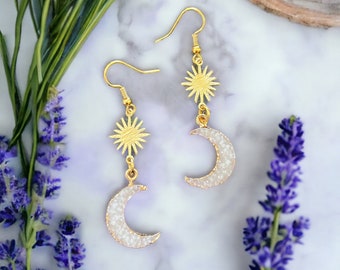 Charming Gemstone Crescent Moon/Sun Earrings