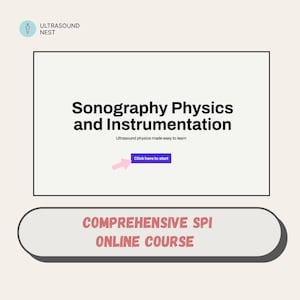 Może przedstawiać: Cyfrowy interfejs kursu zatytułowany Sonography Physics and Instrumentation z podtytułem Ultrasound physics made easy to learn. Fioletowy przycisk z napisem Click here to start jest wskazywany przez różową strzałkę. Poniżej znajduje się szary baner z tekstem COMPREHENSIVE SPI ONLINE COURSE.
