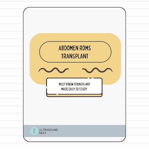Puede incluir: Una tarjeta de estudio rectangular con fondo amarillo claro que presenta el texto ABDOMEN RDMS TRANSPLANT y MUST KNOW TRANSPLANT MADE EASY TO STUDY. La tarjeta incluye dos líneas onduladas de color marrón oscuro y un pie de página gris con el texto ULTRASOUND NEST.