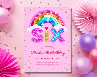 Rainbow 6th Birthday Invitation, Pink Sequin Birthday Invite for Girls, Editable Canva Template, 5x7 Digital Download
