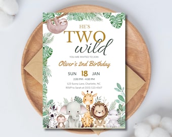 Two Wild 2nd Birthday Safari Invitation, Editable Canva Template 5x7
