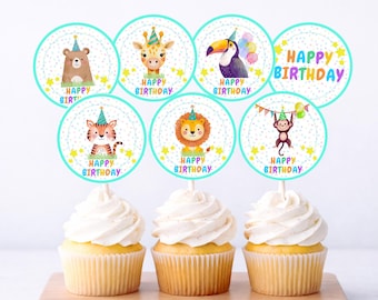 Cupcake-dekorationer med festdjur, utskrivbara safaridjursdekorationer för födelsedagar, PDF Canva-mall