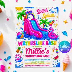 May include: A vibrant invitation for a waterslide birthday party, featuring a pink and blue waterslide, a flamingo float, and the text "Waterslide Bash" and "Millie's 5th Birthday Bash". Decorative elements include a beach ball, ice cream, and a palm tree.