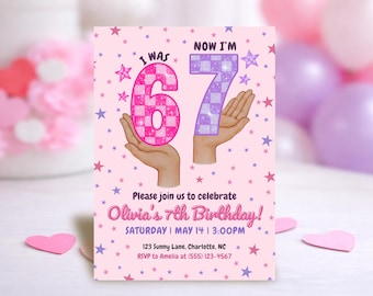 67 Birthday Invitation, I Was 6 Now I’m 7 Canva Invite, Pink Purple Girl Party Template