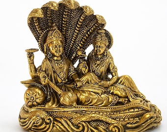 Ídolo de latón Lakshmi Narayan con Sheshnag / Estatua de Vishnu Lakshmi / Antiguo dios hindú Murti para la decoración del templo del hogar / Regalo Vastu