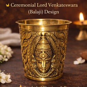 Vaso de puja de latón antiguo, diseño de Balaji Lakshmi Ji, decoración artesanal para templos hindúes.