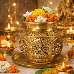 以下が含まれることがあります： オレンジ、黄色、白の花で満たされた、金色の装飾が施された壺。壺には人物の精巧な彫刻が施されています。小さな金のボウルにはろうそくが灯され、供物が壺を囲み、暖かく居心地の良い雰囲気を作り出しています。