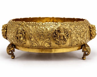 Handmade Ashtalakshmi Brass Urli with Elephant Stand, Indian Floating Flower Centerpiece for Diwali Pooja