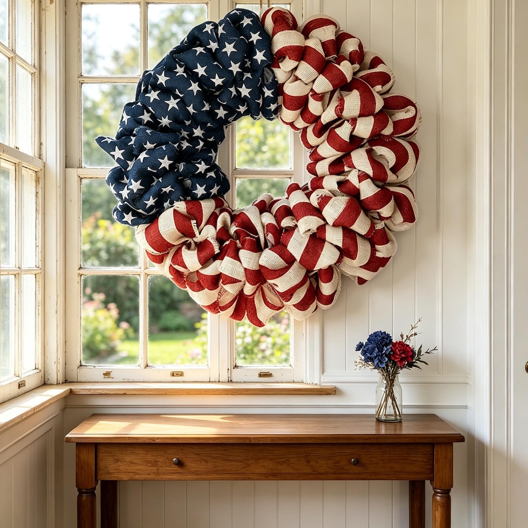 USA 250th Anniversary Burlap Wreath, 4th of July Independence Day Front Door Hanger, Stars &Stripes Red White Blue Farmhouse Patriotic Decor