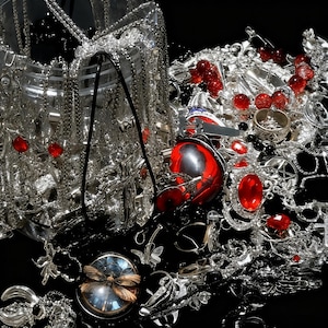 Puede incluir: Un surtido de joyas plateadas, que incluyen collares, anillos y colgantes, con detalles de piedras preciosas rojas. Un recipiente transparente con cadenas colgantes está en el fondo. Las joyas están dispuestas sobre una superficie negra reflectante.