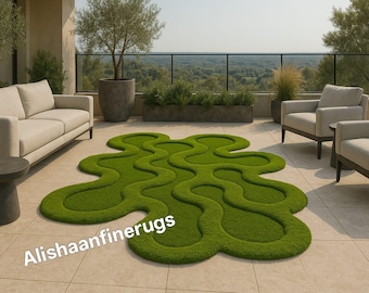 Hand Tufted Moss Rug: Modern 3D Green Wavy Carpet