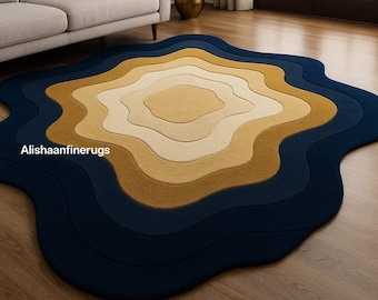 Organic Shape Rug, Navy Blue Beige Abstract Carpet, Tufted Wool Area Rug