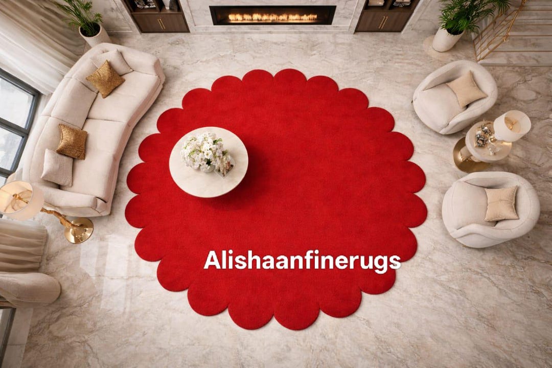 Handmade Red Scalloped Round Rug | Modern Home Decor - Etsy