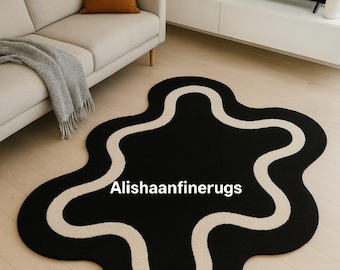 Modern Black Area Rug | Hand Tufted Abstract Wavy Carpet