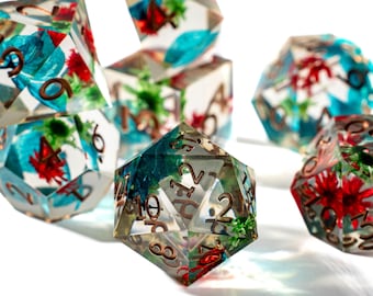 Flower Field DnD Dice Set, Gorgeous Dungeons and Dragons Dice Set for dnd Gifts, Black dice, Flowers Inside!